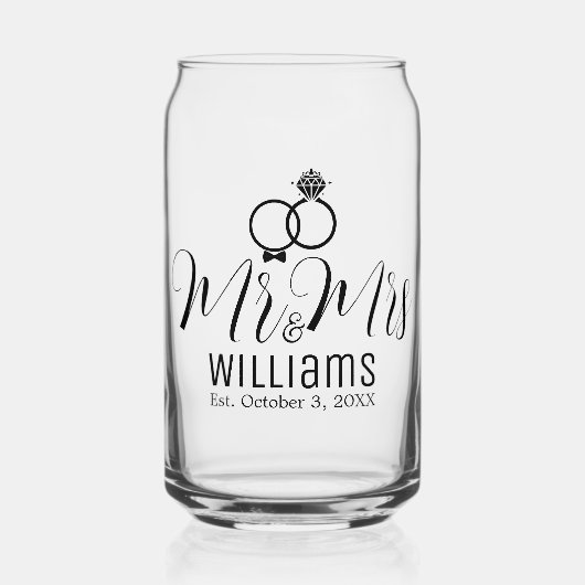 Moderne Mr. Mrs. Naam Datum & Ringen Ontwerp, Huwe Blikvorm Glas (Voorkant)
