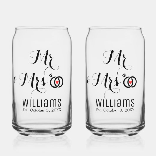 Moderne Mr. Mrs. Naam Datum & Ringen Ontwerp, Huwe Blikvorm Glas (Voorkant)