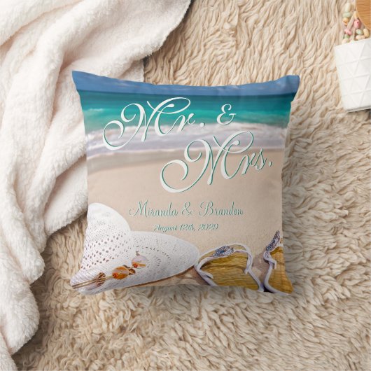 Moderne Mr & Mrs Tropical Zomer Strand Bruiloft Kussen (Deken)