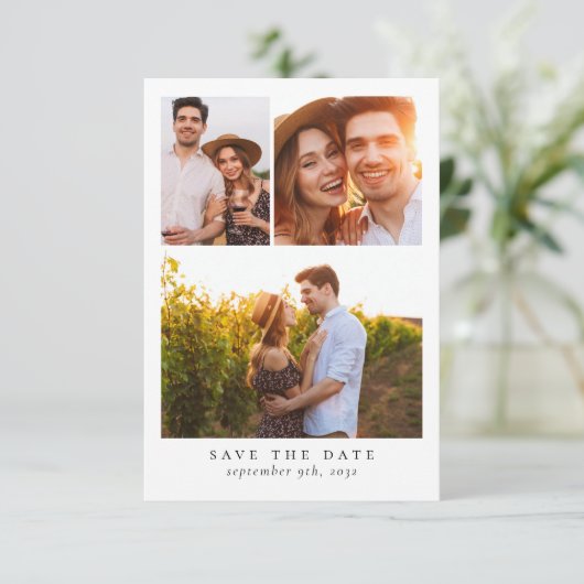 Moderne multi foto bruiloft save the date (Staand voorkant)