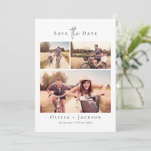 Moderne Multi Foto Collage Bruiloft Save The Date (Staand voorkant)