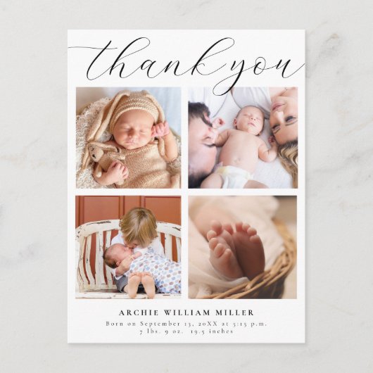Moderne multi-foto collage nieuwe baby bedankt briefkaart (Voorkant)