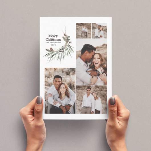 Moderne multi-foto elegante waterverf botanische e feestdagenkaart