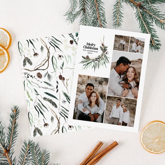 Moderne multi-foto elegante waterverf botanische e feestdagenkaart