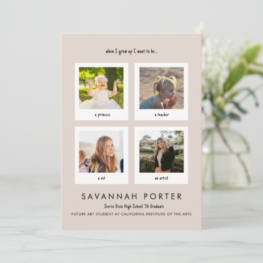 Moderne multi foto handgeschreven beige afstudeerc kaart (Staand voorkant)