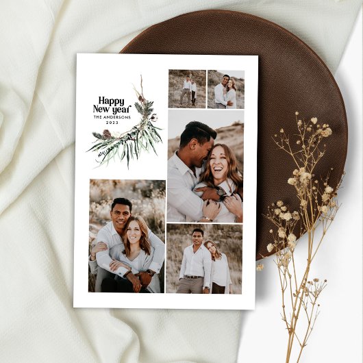 Moderne multi-foto waterverf botanisch nieuw jaar feestdagenkaart