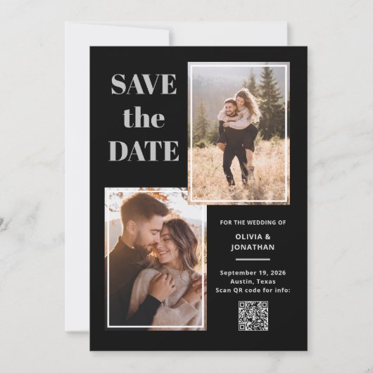 Moderne Multi Foto Zwart en Grijs | QR-code Save The Date (Voorkant)