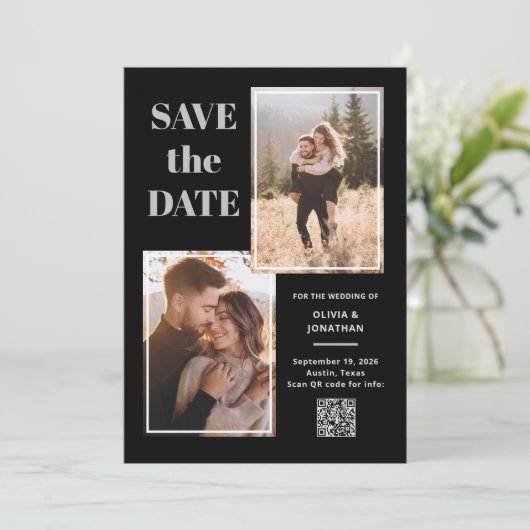Moderne Multi Foto Zwart en Grijs | QR-code Save The Date (Staand voorkant)