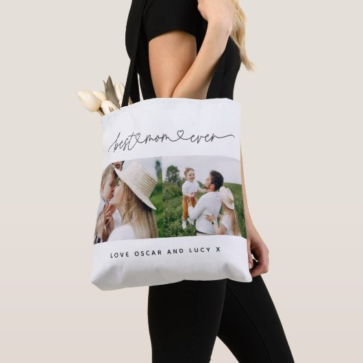 Moderne multi-fotoscripttypografie beste moeder tote bag (Dichtbij)