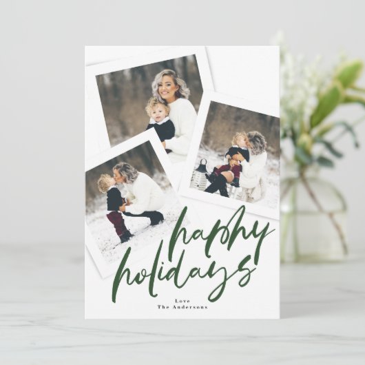 Moderne Multi Photo Collage Green Brush Happy Feestdagenkaart (Staand voorkant)