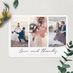 Moderne Multi Photo Collage Love and Bedankt Weddi<br><div class="desc">Deze drie foto-collage bruiloft is gewoon te danken aan de sjabloon van uw kaart en biedt een scherpe moderne look. We hebben afgeronde hoeken gekozen als de standaardvorm, maar je kunt dat gemakkelijk veranderen in scherpe hoeken, want die blik werkt ook heel goed met dit ontwerp! We hebben dit minimalistische...</div>