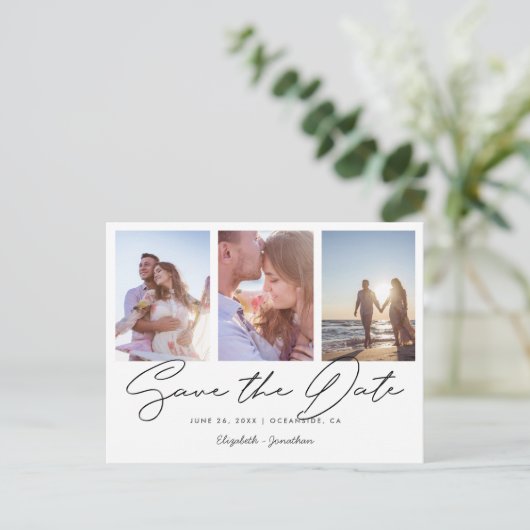 Moderne Multi Photo Collage Wedding Save the Date Uitnodiging Briefkaart (Staand voorkant)