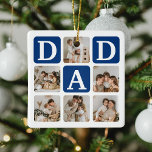 Moderne Multi Photo Grid Cute DAD Gift Keramisch Ornament<br><div class="desc">Creëer uw eigen DAD kerstversiering met deze moderne multi-foto grid collage en tekst. Het ontwerp is voorzien van 6 foto's met gebogen hoekvierkanten met de tekst DAD in donkerblauwe blokken die in elke kleur kunnen worden gewijzigd. Op de keerzijde de tekst 'World's Best Daddy' met een schattig vader citaat dat...</div>