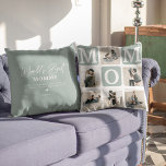 Moderne Multi Photo Grid Cute MOM Gift Kussen<br><div class="desc">Creëer uw eigen MOM-kussen met deze moderne multi-foto raster collage en tekst. Het ontwerp kenmerkt 6 Foto's met gebogen hoekvierkantjes met de tekst MOM in blauwgroen blokken die in om het even welke kleur kunnen worden veranderd. Aan de andere kant de tekst 'De beste mammie van de wereld' met een...</div>