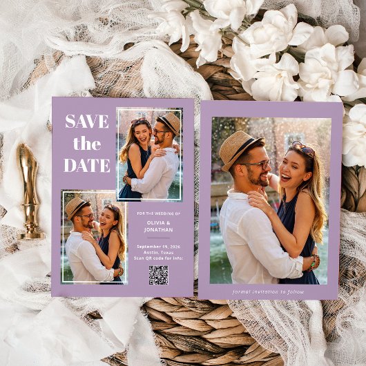 Moderne Multi Photo Lavendel | QR-code Save The Date
