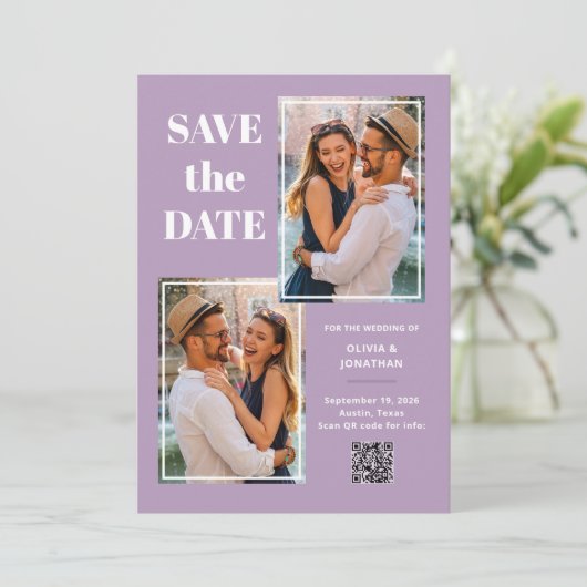 Moderne Multi Photo Lavendel | QR-code Save The Date (Staand voorkant)