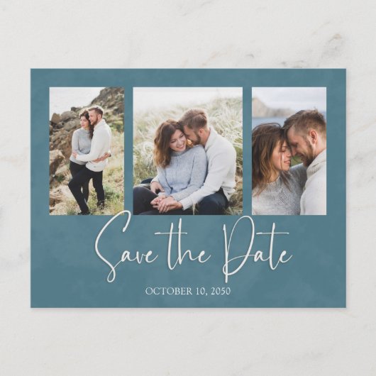 Moderne Multi Photo Simple Blue Calligraphy Script Briefkaart (Voorkant)