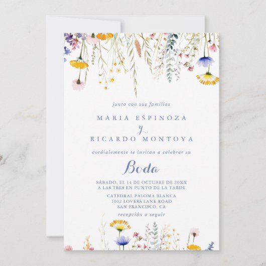 Moderne Multicolor Wildflower Spaanse bruiloft Kaart (Voorkant)