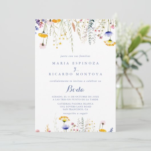 Moderne Multicolor Wildflower Spaanse bruiloft Kaart (Staand voorkant)