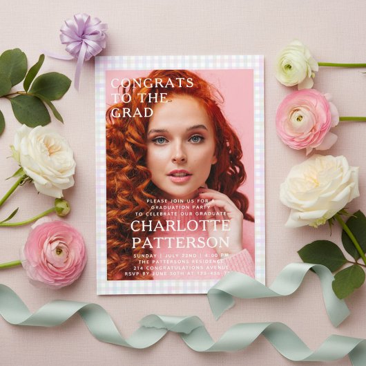 Moderne Multicolour Gingham Fotoafstudeerfeest Acryl Uitnodigingen