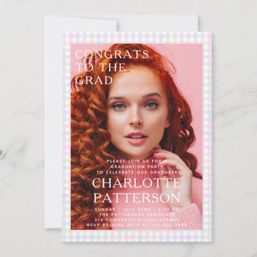 Moderne Multicolour Gingham Fotoafstudeerfeest Kaart (Voorkant)