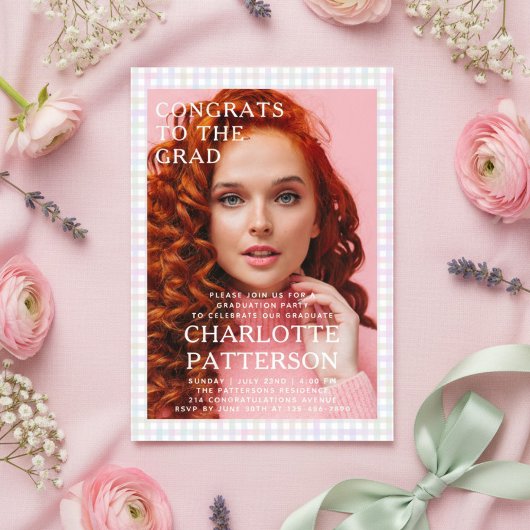 Moderne Multicolour Gingham Fotoafstudeerfeest Kaart