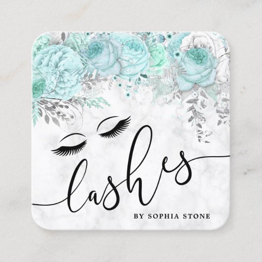 Moderne  munt bloemenwitte marmeren wimpers vierkante visitekaartje (Voorkant)