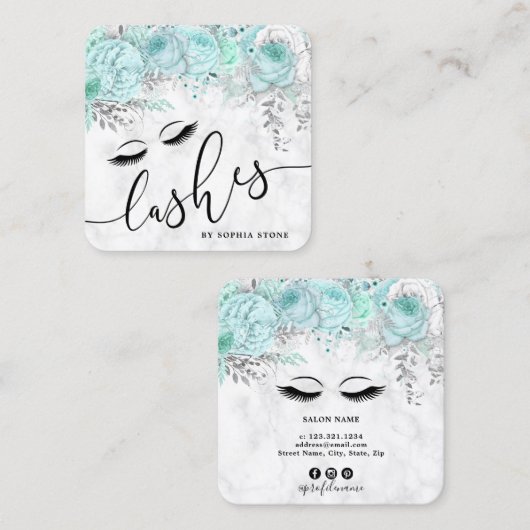 Moderne  munt bloemenwitte marmeren wimpers vierkante visitekaartje (Voorkant / Achterkant)