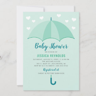 Moderne Muntgroene Paraplu Hartjes Baby Shower Kaart