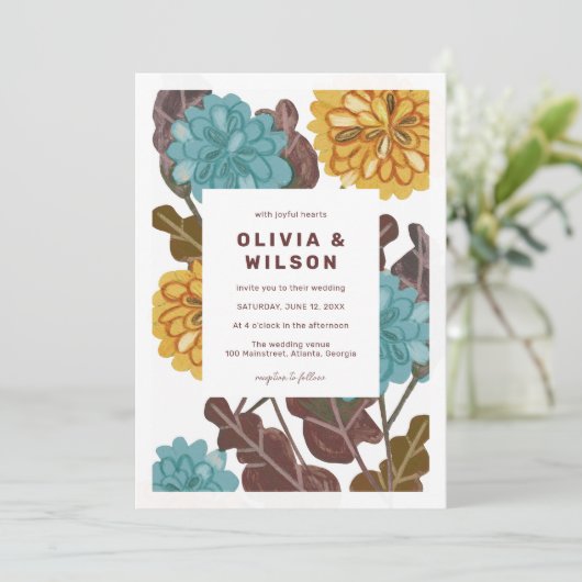 Moderne mustard jewel florale bruiloft kaart (Staand voorkant)