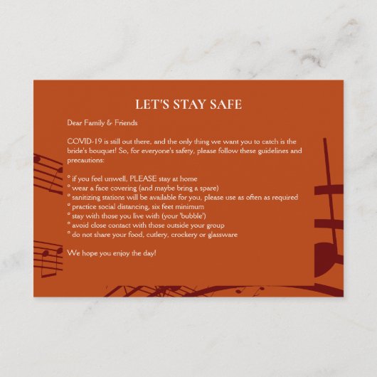 Moderne MUZIEK STAVES Wedding Safety Informatiekaartje (Achterkant)