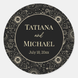 Moderne mystieke hemelse zwart goud chique bruilof ronde sticker