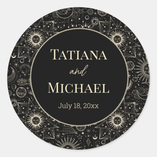 Moderne mystieke hemelse zwart goud chique bruilof ronde sticker (Voorkant)