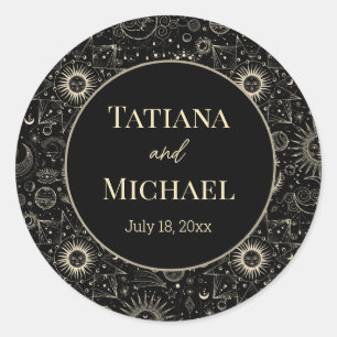Moderne mystieke hemelse zwart goud chique bruilof ronde sticker