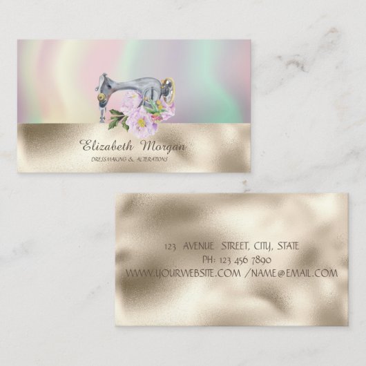 Moderne naaimachine holografisch goud visitekaartje (Voorkant / Achterkant)