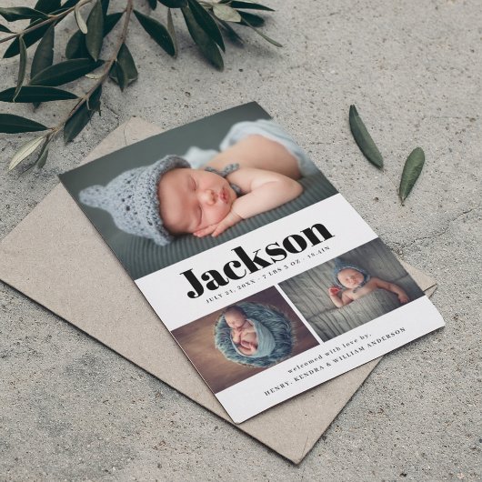 Moderne naam 3 Fotocollage geboorteaankondiging Aankondiging
