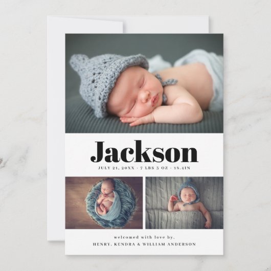 Moderne naam 3 Fotocollage geboorteaankondiging Aankondiging (Voorkant)