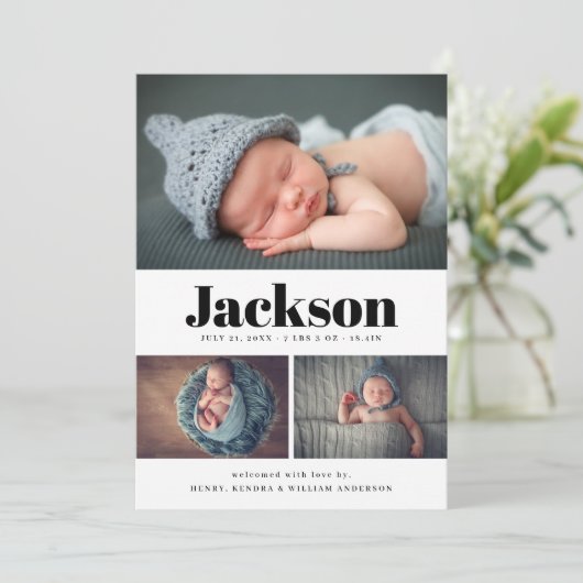 Moderne naam 3 Fotocollage geboorteaankondiging Aankondiging (Staand voorkant)
