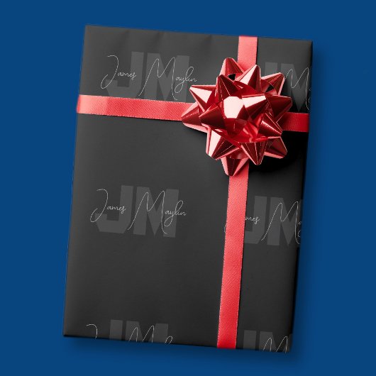 Moderne naam en monogram | Grijs en zwart Cadeaupapier