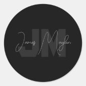 Moderne naam en monogram | Grijs en zwart Ronde Sticker (Voorkant)