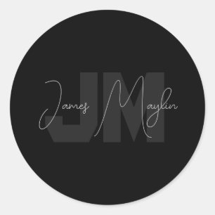Moderne naam en monogram   Grijs en zwart Ronde Sticker