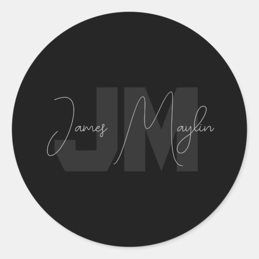 Moderne naam en monogram | Grijs en zwart Ronde Sticker (Voorkant)