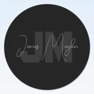 Moderne naam en monogram   Grijs en zwart Ronde Sticker