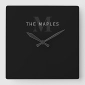 Moderne naam en monogram | Grijs en zwart Vierkante Klok (Voorkant)