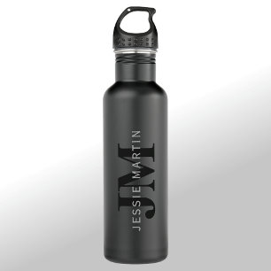 Moderne naam en monogram   Grijs en zwart Waterfles