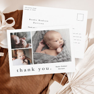 Moderne naam foto collage baby bedankt briefkaart