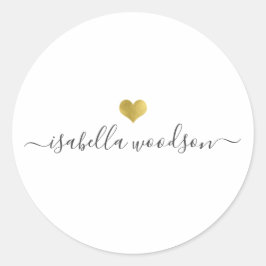 Moderne naam in script met gouden hart  ronde sticker