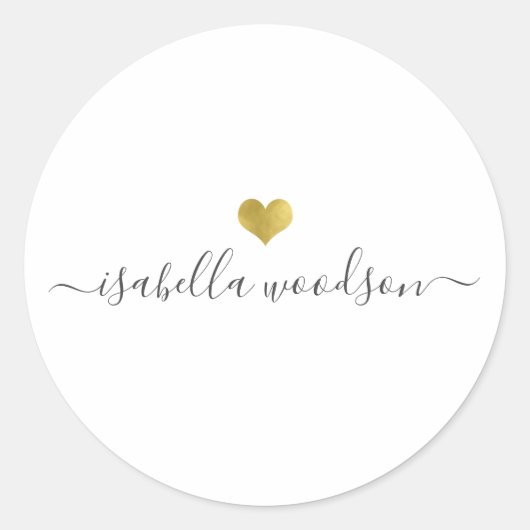 Moderne naam in script met gouden hart ronde sticker (Voorkant)