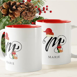 Moderne naam Initiaal Monogram Letter M Christmas Tweekleurige Koffiemok