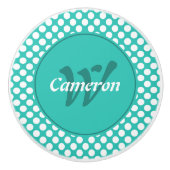 Moderne naam initiaal turquoise witte polka stippe keramische knop (Voorkant)